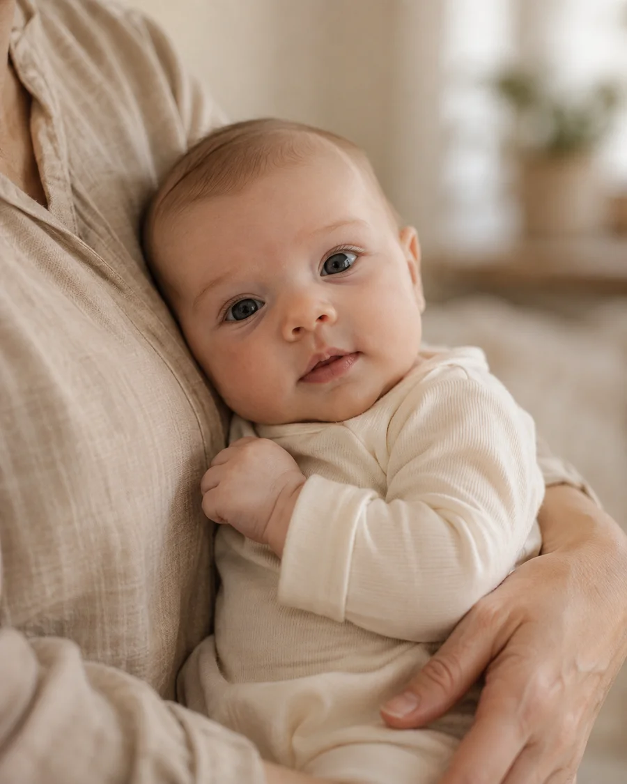 Baby im hellen Strampler liegt geborgen im Arm eines Elternteils
