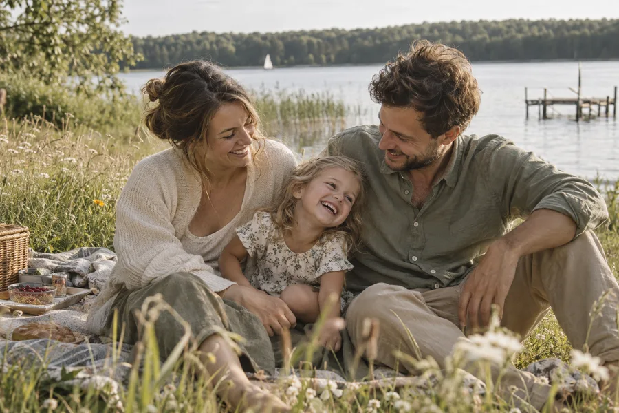 Familie lacht bei einem gemeinsamen Ausflug